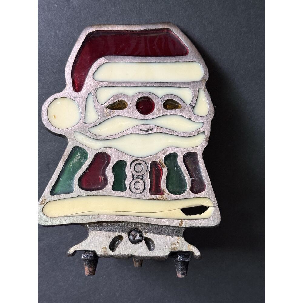 Vintage Christmas Santa Claus Cast Iron Votive Tea Light Holder Stained Glass